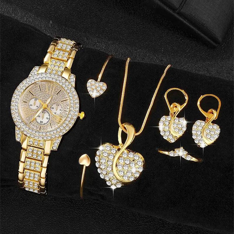 Coffret Bijoux Femme | Montre Quartz Strass + Bracelet, Bague, Collier & Boucles d'oreilles