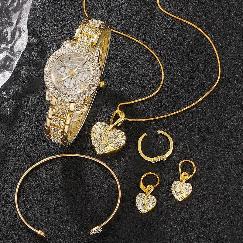 Coffret Bijoux Femme | Montre Quartz Strass + Bracelet, Bague, Collier & Boucles d'oreilles